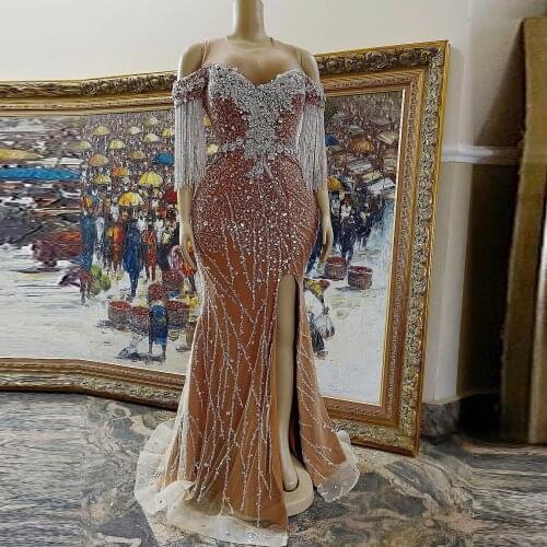 Major Beadings Mermaid Prom Dresses Tassels Crystals Side Split Evening Dress Dubai African Party Gowns Sequined Appliques