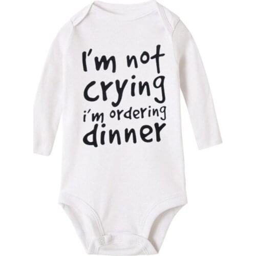 I'm Not Crying I'm Ordering Dinner Letters Print Baby Romper White Cotton Fall Long Sleeve Bodysuit Toddler Jumpsuit