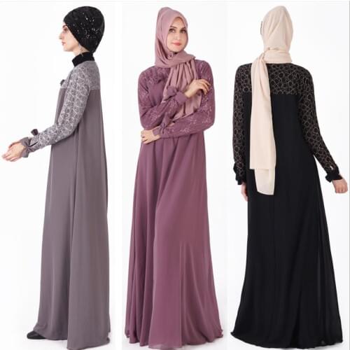 Muslimah lace mesh stitching Robes Musulmane Turkish Dubai long sleeve Abayas Muslim Worship Service clothing wq1204 wholesale