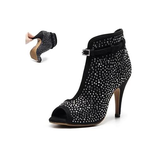 Women Flock Latin Dance Shoes Black Woman Rubber Sole High Heel Leecabe Shoes Girls Bachata Salsa Dance Boots for Party Sandals