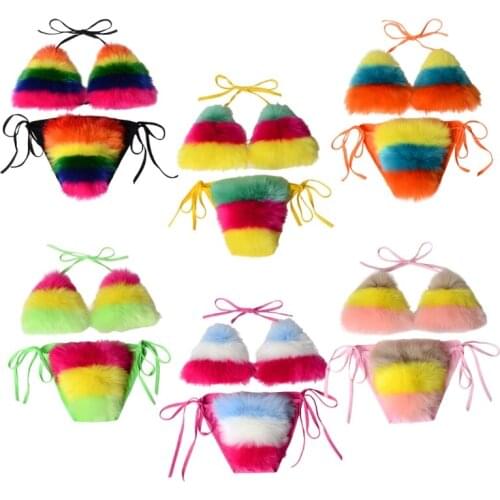 Women Summer Sexy 2 Piece Bikini Set Faux Fur Rainbow Striped Halter Swimsuit Tie Side Plush Bathing Suit Party Clubwear
