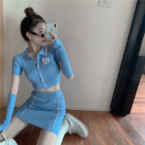 Women Sets Fashion High Waist Skirts Suits Ladies Comfy Knitted Tops Stretch Skirts + Polo Neck Shirts 2pcs Women Two Pieces