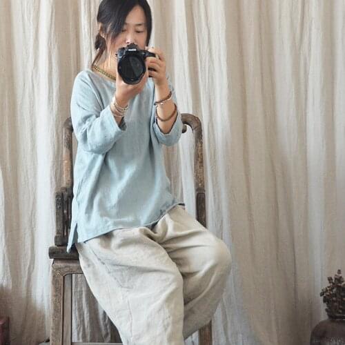 Women Cotton Linen Jacquard T-shirt Ladies loose Round Neck Retro Tops Female Vintage Solid Color Tops Tees 2018