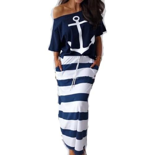 Fanbety women sexy off shoulder Two Piece Sets dress Boat Anchor Print Shirts Striped dress Sets Lady casual Ankle-Length dress