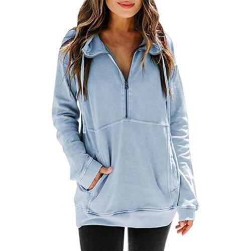 Women Long Sleeve Sweatshirt Hoodis Zipper Splicing Top Solid Color Large Pocket Women Half Zipper Drawstring Pullover Tops