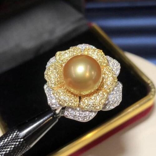 D605 Pearl Ring Fine Jewelry 925 Sterling Silver Round 11-12mm Zircons Nature Sea Water Golden Pearls Rings for Women