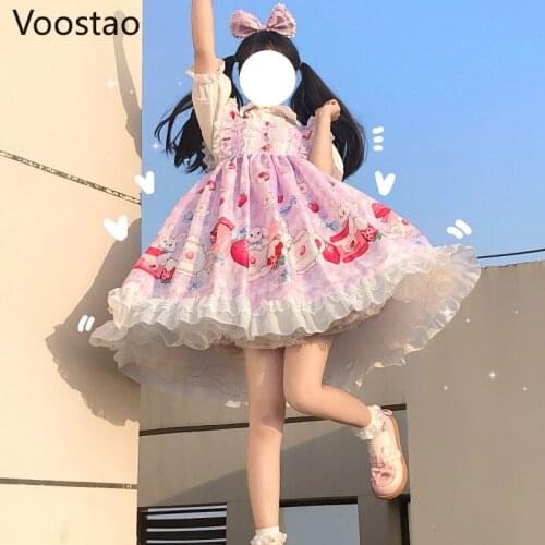 Sweet Lolita Jsk Dress Lace Cartoon Strawberry Rabbit Print Maid Dress Women Renaissance Gothic Ruffles Tea Party Sling Dresses