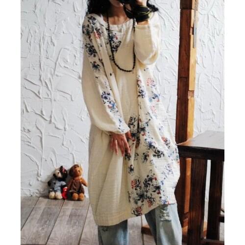 Women Loose Printed Cotton Linen Dress Ladies Vintage National Style Print Floral Dress Female Retro Dresses 2019