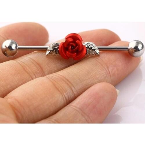 1 Piece 2018 New Surgical Stainless Steel 1.6*38*6mm Rose Flower 14G Long Industrial Barbell Flowers Body Ear Piercing Jewelry