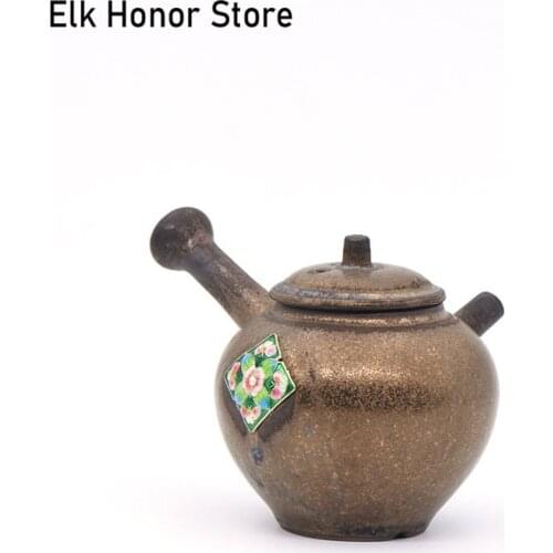 180ml Vintage Gilding Coarse Ceramic Side Handled Teapot Handmade Flower Art Pu'er Master Pots Household Teaware Gift Packaging