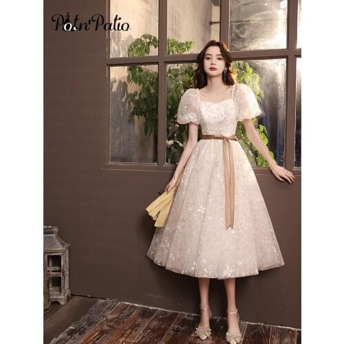 White Evening Dresses 2021 Elegant Square Neck A-line Tea-length Sequin Lace Tulle High School Graduation Party Prom Dresses