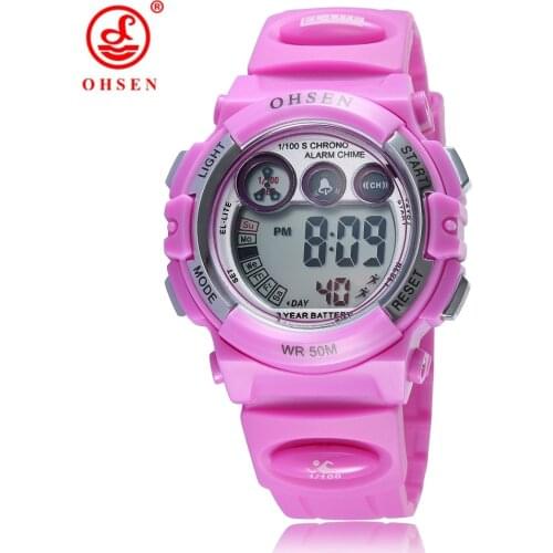 OHSEN Digital Girl Kids Wristwatch Rubber Strap 50M Waterproof Purple Children Electronic Led Watches Fashion Sport Alarm Clock