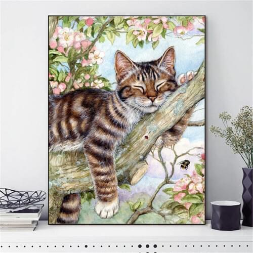 HUACAN Cross Stitch Embroidery Lovely Cat Cotton Thread Painting DIY Needlework DMC Kits 14CT Home Decoration