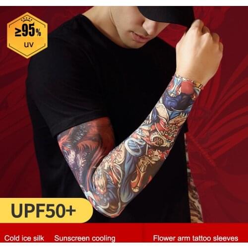 Summer Men Tattoo Arm Sleeve Outdoor Sport Riding Ice Silk Sunscreen Breathable Flower Seamless Printed UV Arm Sleeves