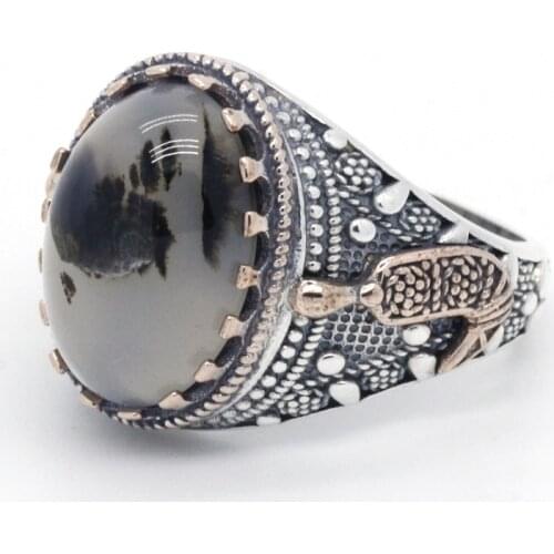 Mens Rings with Agate Stone 925 Sterling Silver Natural Gemstone Antique Celebration Lucky Rings for Men Turkish Jewelry Gift
