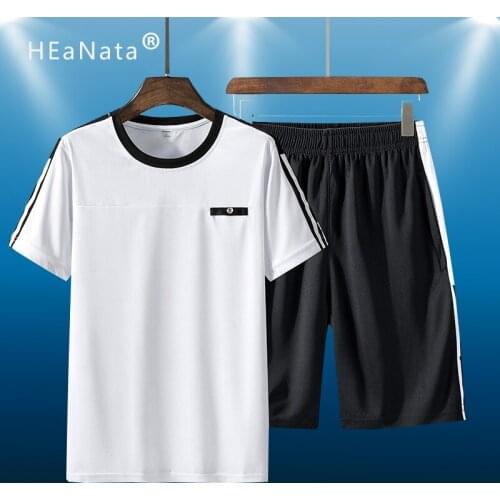 2021 Men Casual Set Sport Running 2 PCS Sweat Suit Striped Short Sleeve T-Shirt Shorts Male Sportswear Tracksuit Summer Sportsui