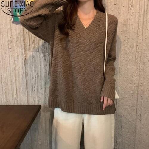 New 3 Colors Pullover Women Solid V-neck Loose Sweater Women Korean Autumn Vintage Casual Knitted Long Sleeve Sweaters 11632