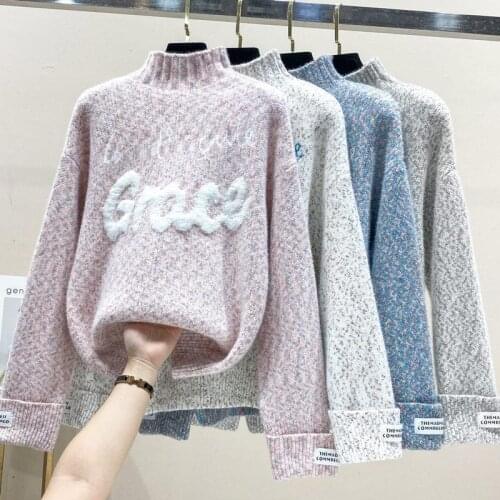 2021Autumn Winter New Pullover Mink Fleece Sweater Women Coat Half High Collar Knitted Plus Velvet Thick Bottoming Shirt Female