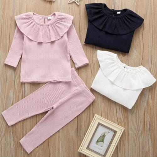 2020 Autumn Baby Girls Knit Clothing Set Fashion Solid Long Sleeve O-Neck T-Shirt and Trousers Outfits Sports Suit 0-3T