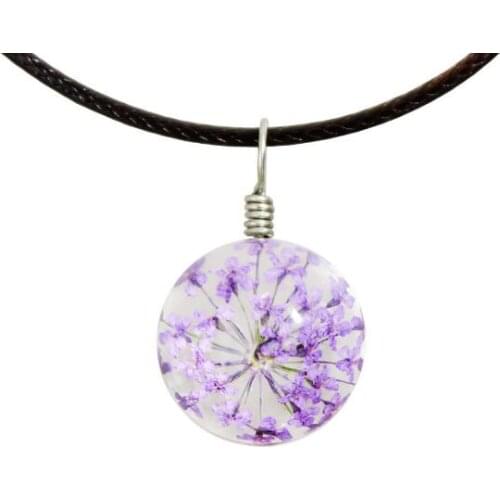 Handmade Glass Dried Flower Pendant Necklace for Girls 6 Color Elegant Dried Flower Jewelry Leather Chain Fashion Plant Necklace