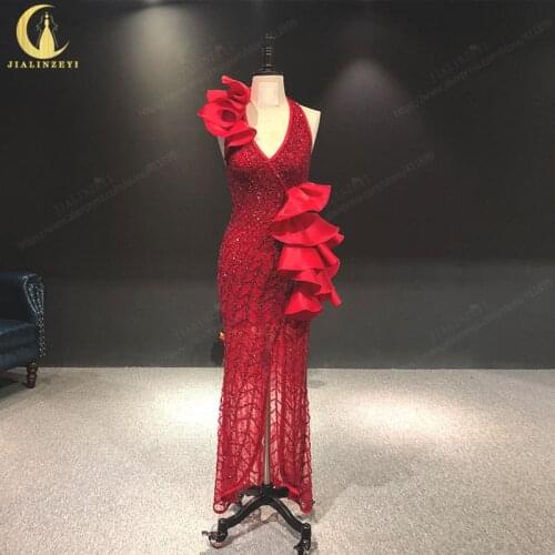 JIALINZEYI Elie Saab Harter Red Sexy Mermaid Beads robe longue robes de soirée Fromal dress Evening Dresses