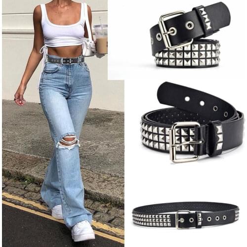 Womens Single Double or Rivet Grommet Belt, Punk Waist Belt with Chain Detachable 2 Hole Belt