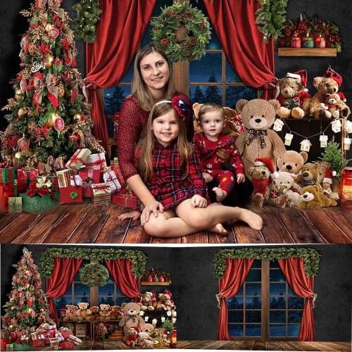 Christmas Room Window Photography Backdrop Xmas Tree Bear Toy Gift Decorations Kids Portrait Photo Props Studio Booth Background
