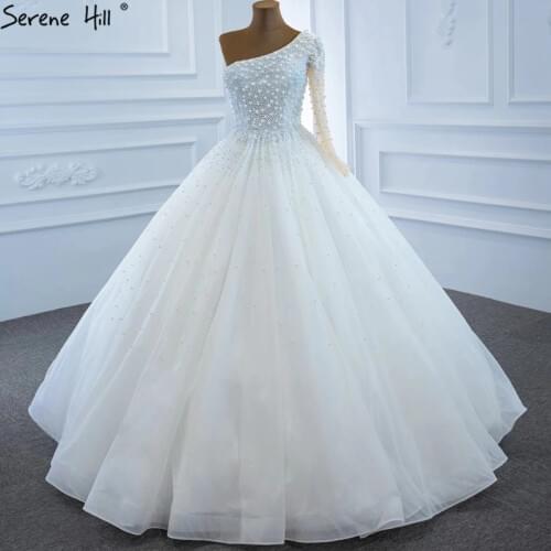 Serene Hill White One Shoulder Wedding Dresses 2020 Beading Pearls High-end Sexy Bride Gowns HM67205 Custom Made