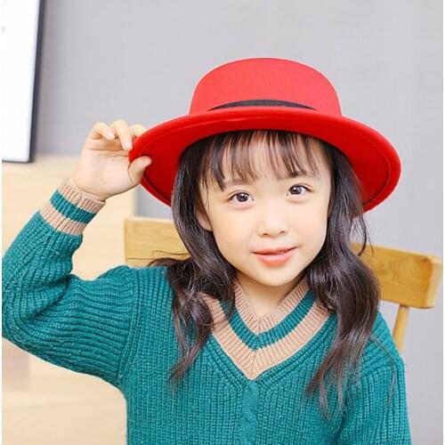 2021 New Lovely girls Felt Hat Fedoras Big Brim Hats For kid British Style Vintage Church Hats Lady Flat Brim Kids Flat Top Hat