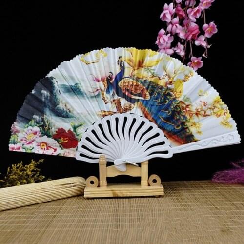 1Pc Retro Folding Fan Chinese Style Decorative Peacock Pattern Handle Hand Fan Party Supplies