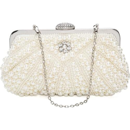 Women Pearl Clutch Bags Evening Bag Purse Handbag For Wedding Chain Bag For Dinner Party, White