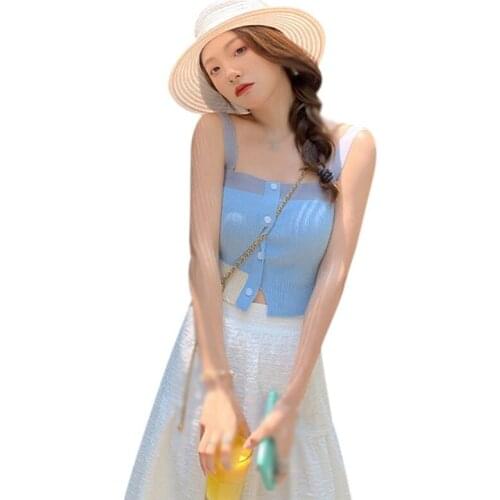 Korean Color Contrast Stitching Sweet Vest Women Slim Exposed Navel Knitting Camisole Tops