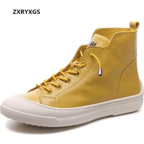 ZXRYXGS 2021 Top Cowhide Autumn Leather Shoes Woman Shoes Casual Sneakers Short Boots Flat Fashion Shoes Black White Yellow Red
