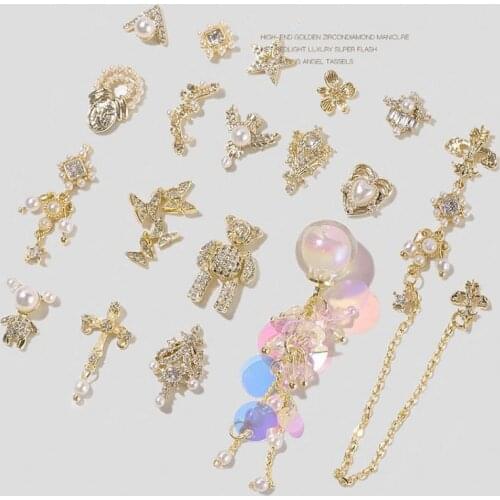 3pcs Gold Metal Glitter 3D Nail Art Butterfly Bear Heart Dangle Chain Non Hot Fix Nail Charms Decoration Accessories Supplies R9
