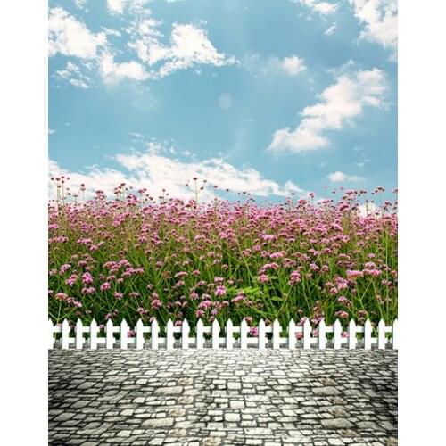 5x7ft Stone Floor Purple Flowers Fence Photography Backdrops Photo Props Studio Background