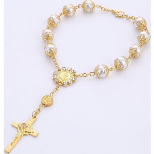 Handmade White Glass Beads Chain Bracelet for Women Jesus Christ Cross Prayer Bracelet Angel Baptism Chaplet Braclet for Girl