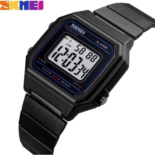 SKMEI Fashion Mens Digital Watches Waterproof Sport Watch Stainless Steel Male Wristwatch Luminous Week Display Alarm Clock