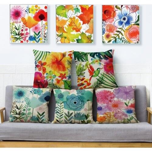Colorful Tropical Plant Flower Bird Pillow Case 45*45cm Printed Linen Cushion Cover Sofa Home Decoration Green Leaf Pillowcase