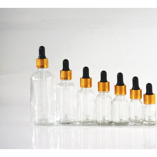 5/10/15/20/30/50/100ml Cosmetic Reusable Essential Oil Bottle Black Rubber Head Dropper Gold Thread Cap Glass Clear Container