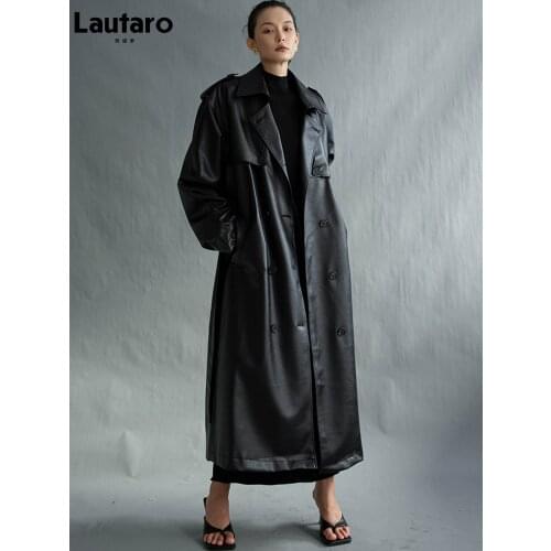 Lautaro Autumn Extra Long Oversized Black Faux Leather Trench Coat for Women Long Sleeve Belt Double Breasted Loose Fashion 2021