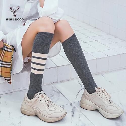 1 Pair/lot 2018 Autumn Winter New Striped Sock for Women Fashion Cotton Women Socks Girls Fashion Grey knee-high In tube sock