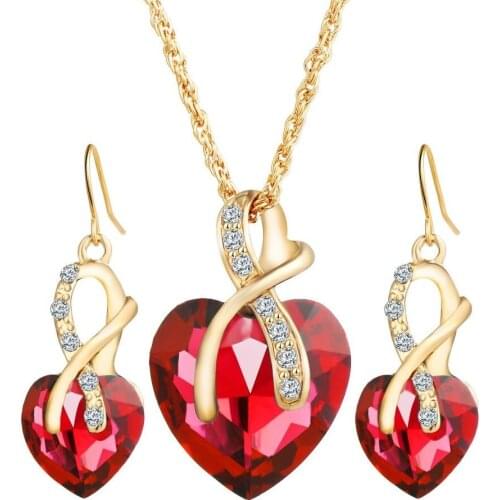 Earring Necklace Jewelry sets 6 color Heart crystal pendant alloy accessory gold color plated metal chain