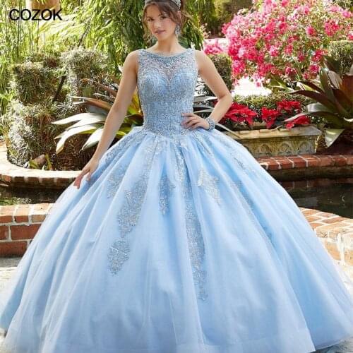 Light Sky Blue Quinceanera Dresses 2021 O-Neck Lace Beads Sequins Backless Princess Party Sweet 16 Ball Gown Vestidos De 15 Años