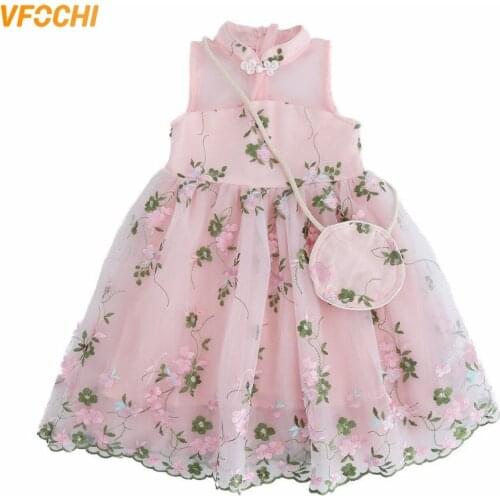 VFOCHI 2021 Girl Dresses With Bag Summer Girls Clothes Lace Floral Embroidery Baby Dress Chinese Style Fashion Girls Party Dress