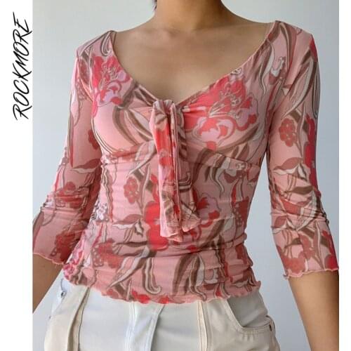 Rockmore Fairy Grunge Print T-shirt Women V-neck Tie Up Top 90s Vintage Half Sleeves Tee Shirts y2k Aesthetic Streetwear Autumn