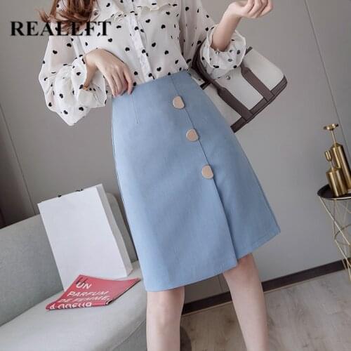 REALEFT 2020 Spring Summer Women Vintage Midi Skirts Button Split Korean OL Style High Waist A-Line Skirts Female Elegant Skirts