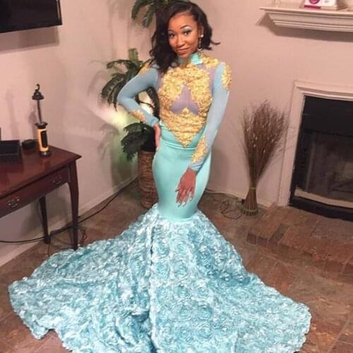 2019 Blue Mermaid Prom Dresses Gold Lace Appliques High Neck Long Sleeves Evening Gowns Elastic Satin Formal Party Dress