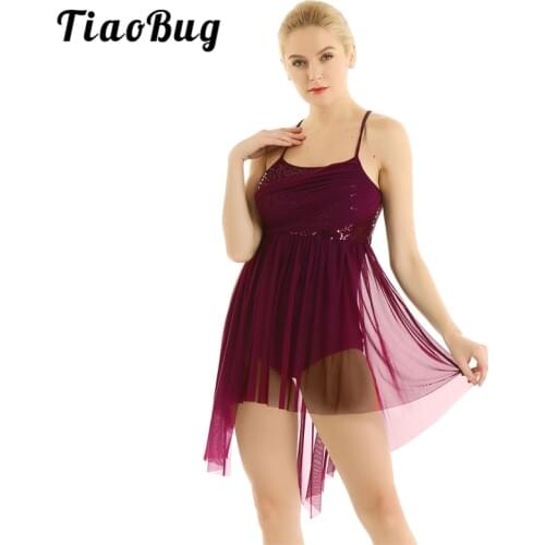 TiaoBug Women Dancewear Shiny Sequins Spaghetti Straps Mesh Ballet Dress Gymnastics Leotard Performance Lyrical Dance Costumes