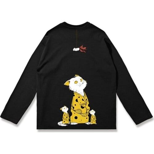 Winter Japanese Style Long-sleeved T-shirt Loose Oversized Cotton Cat Print Trendy Couple Bottoming Shirt Men Fashion