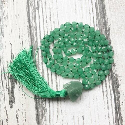 108 Stone Meditation Necklace Faceted Green Aventurine Knotted Mala Jewelry Raw Rough Stone Pendant Tassel Necklace Women